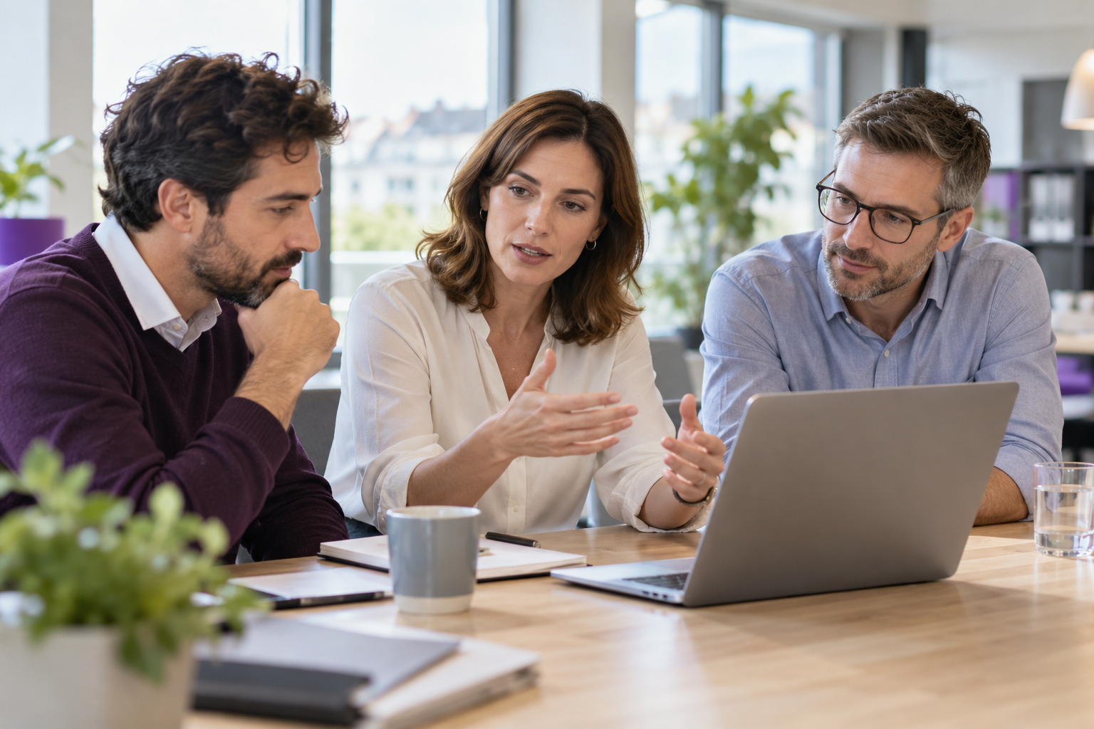 Equipo de consultores de formación trabajando en una propuesta junto a un portátil.